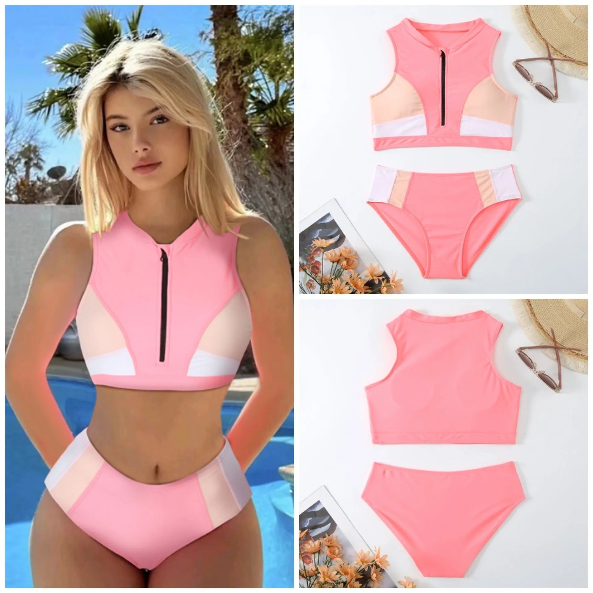 Pink high waist split bikini swimsuit set with matching bra on a neutral background