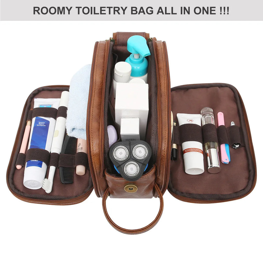 Men's black toiletry travel bag made from Pu material with solid colour design