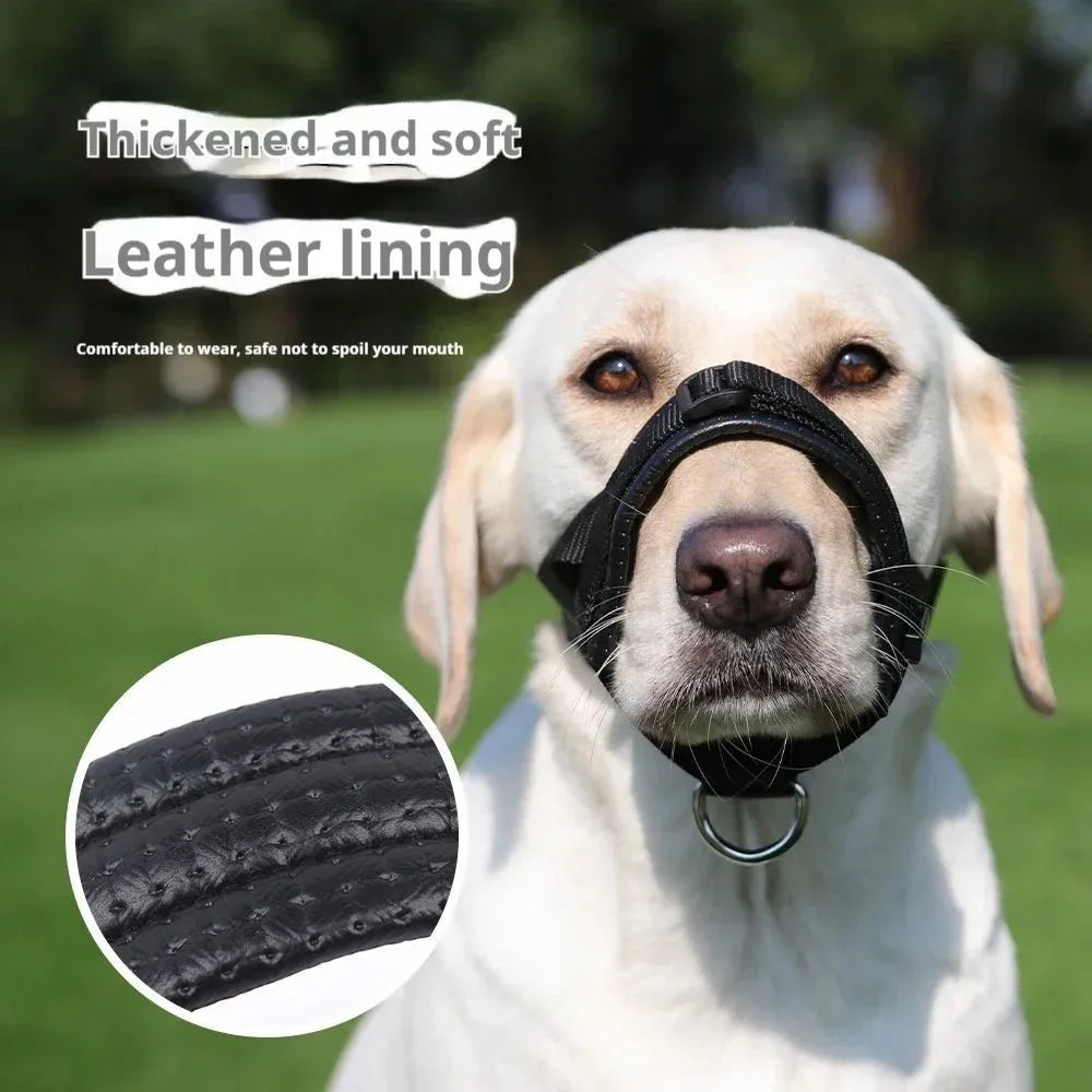 Adjustable dog muzzle with soft foam padding and strap, shown in size S, M, L, or XL.