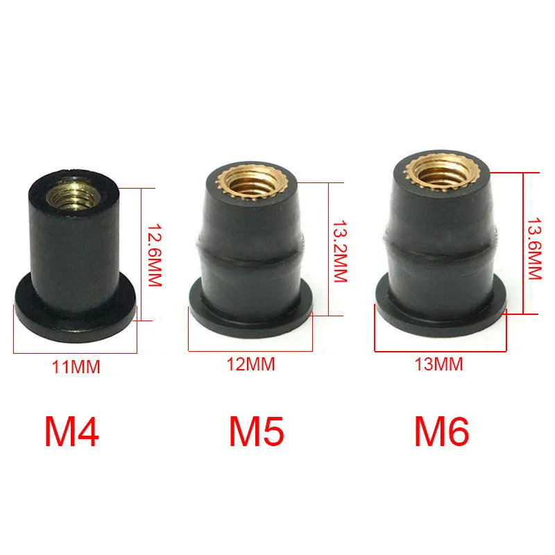 Motorcycle black rubber well nut fasteners with brass nuts in M4, M5, M6 sizes.