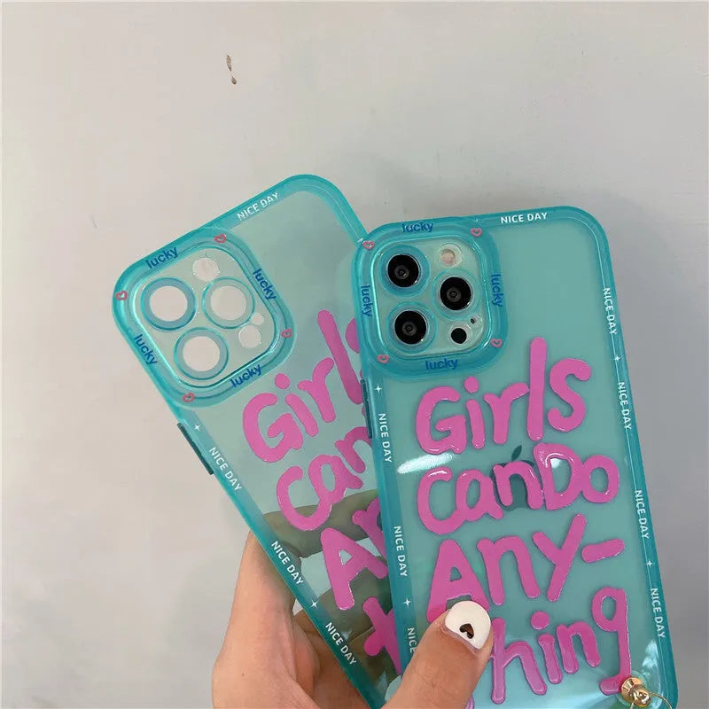 Graffiti artwork phone case for iPhone with lanyard attachment in mint green colour