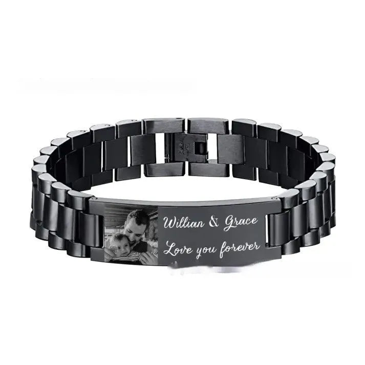 Men's titanium steel lettering bracelet with heart shape design in black or grey colour option