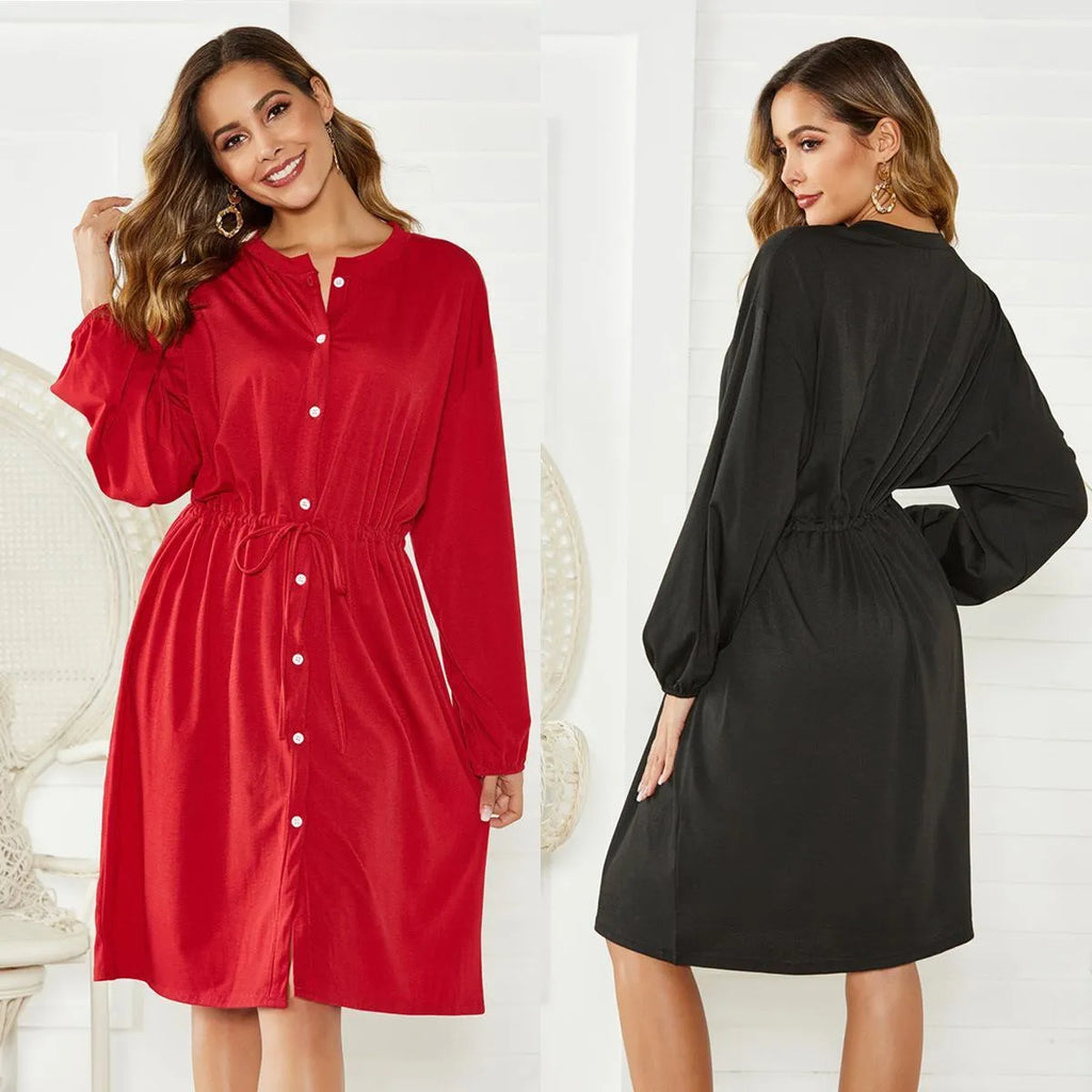 Black or red woven polyester dress with elastic waist, long sleeves, elastic cuffs, and a belt.