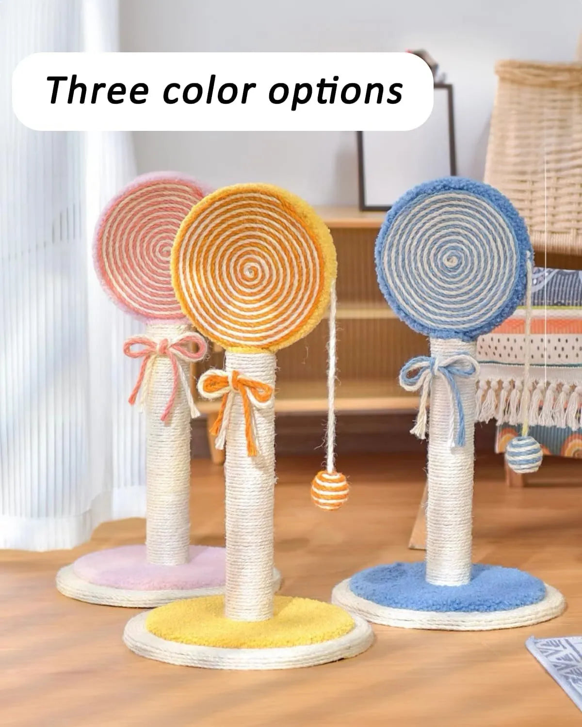 Blue cat scratching post with natural sisal rope and a hanging ball on a sturdy wooden base