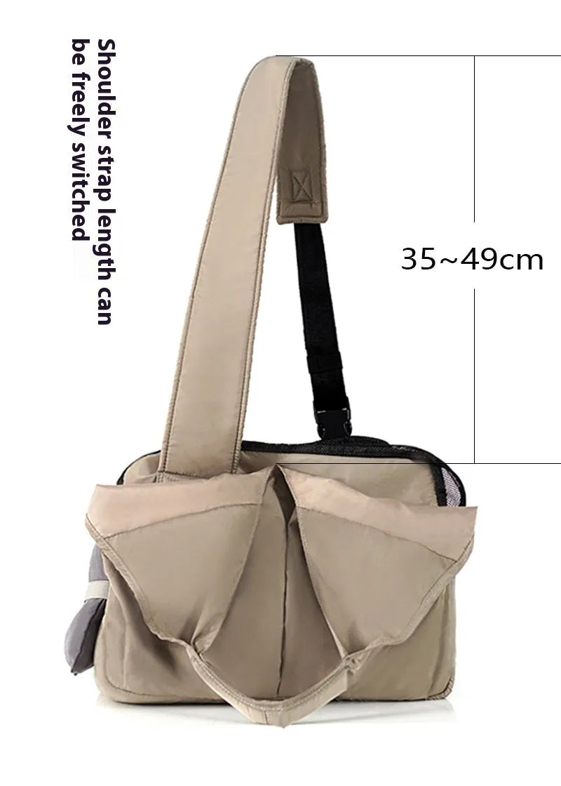 Apricot cloth pet handbag with dimensions 41 x 16 x 28 cm for summer outdoor use