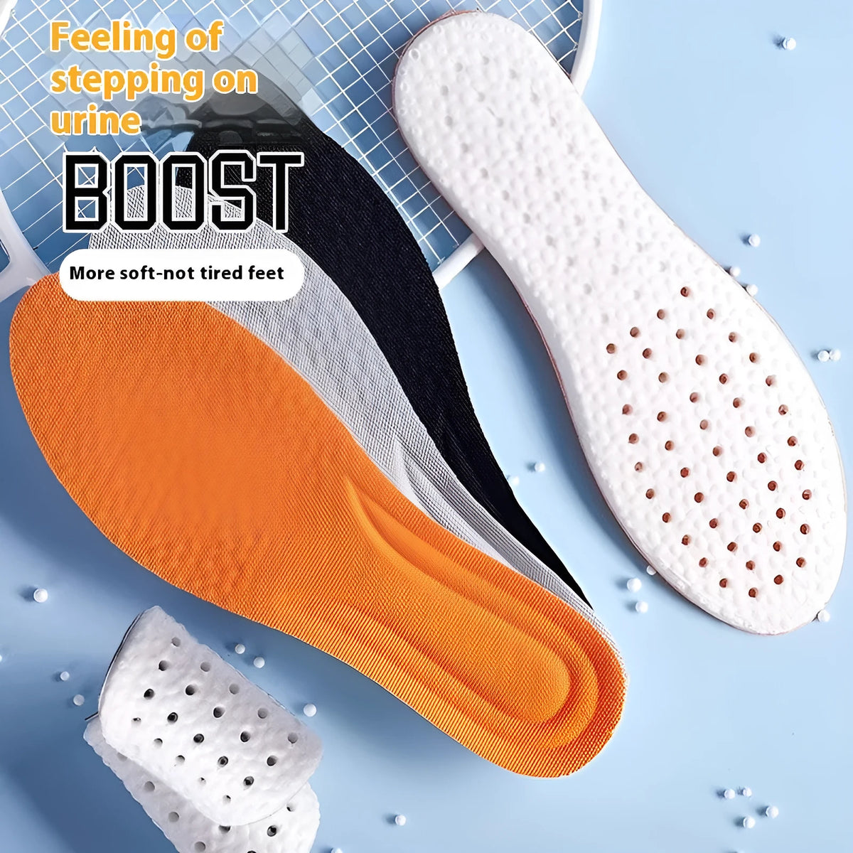 Breathable grey PU sports insoles with high elasticity shown alongside scissors demonstrating trim-to-fit feature