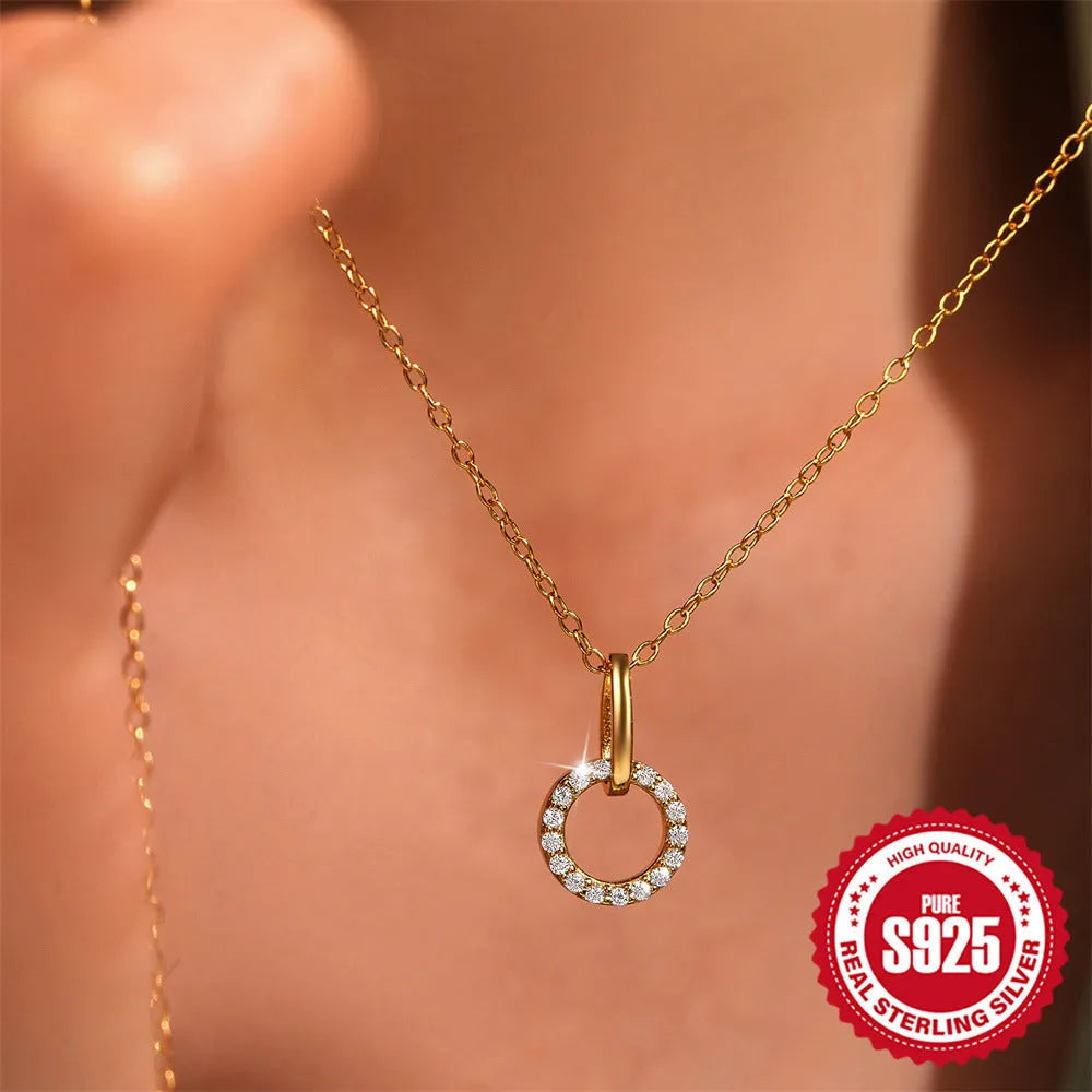 Gold tone S925 sterling silver clavicle chain necklace with interlocking micro inlaid zircon pendant