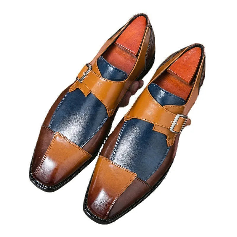 Men's British style retro buckle casual leather shoes in black and brown-blue colours