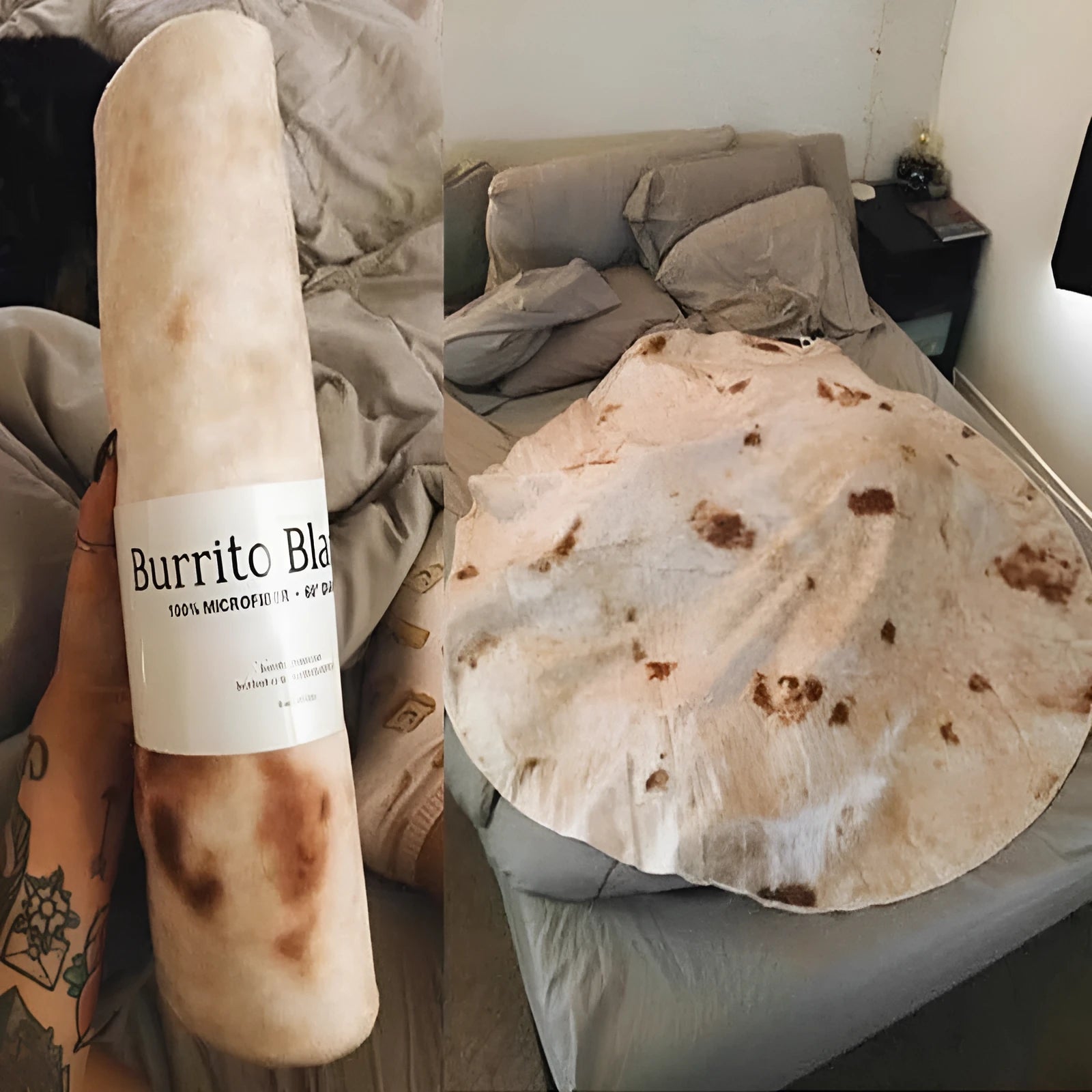 Round coral fleece burrito blanket with food print, shown wrapped.