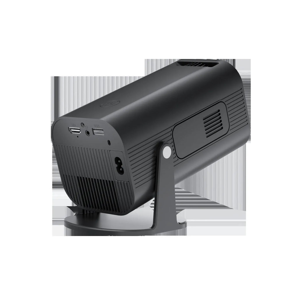 Black P330 portable mini projector with remote control on white background