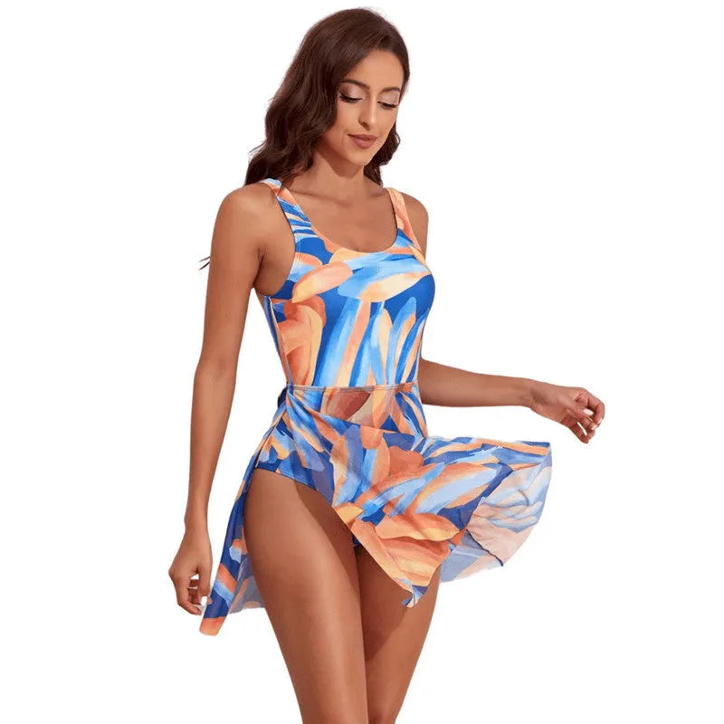 Women's single-shoulder one-piece swimsuit with digital floral print and slim waist design