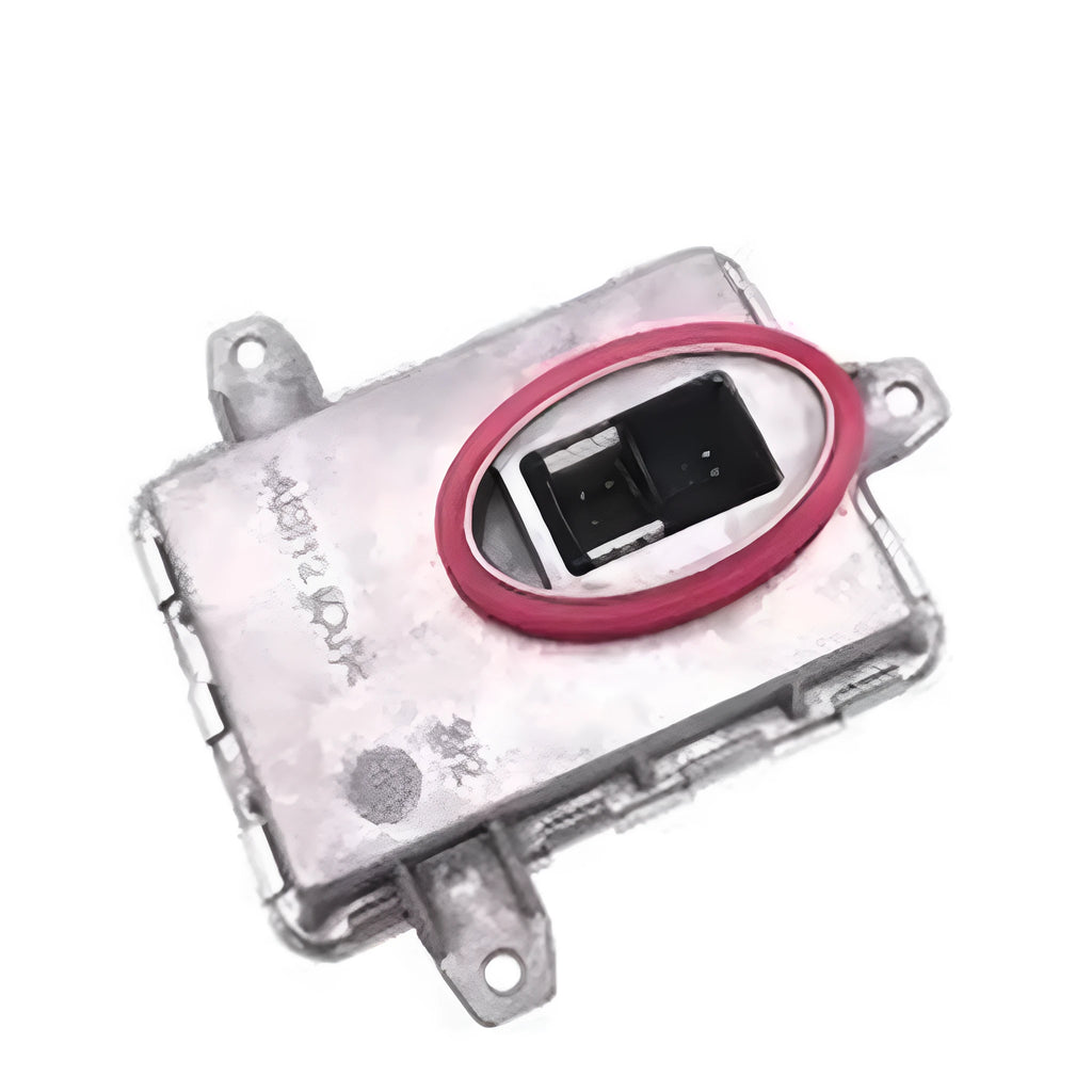 Metal automotive HID headlight ballast unit measuring 14 by 11 by 4.5 centimetres