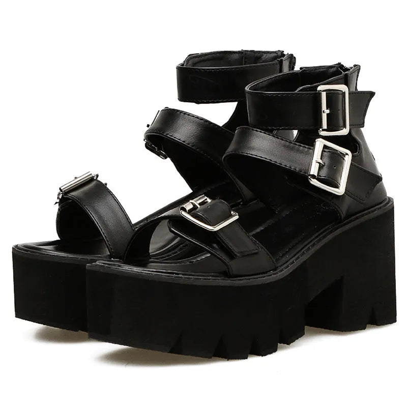 Black women's platform sandals with chunky heel and back zipper closure