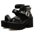 Black women's platform sandals with chunky heel and back zipper closure