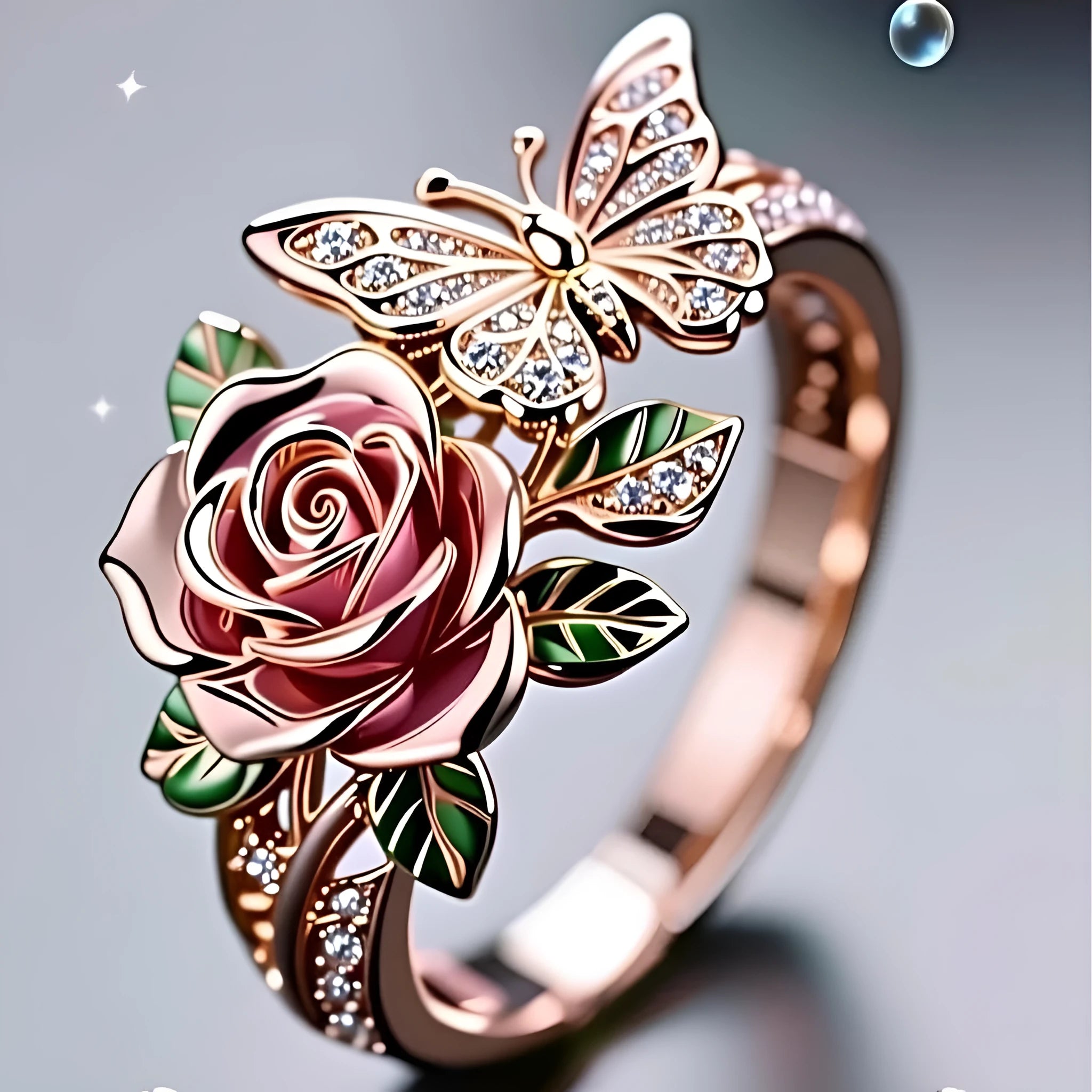 Adjustable butterfly ring with colourful oil drip design featuring floral and insect motifs