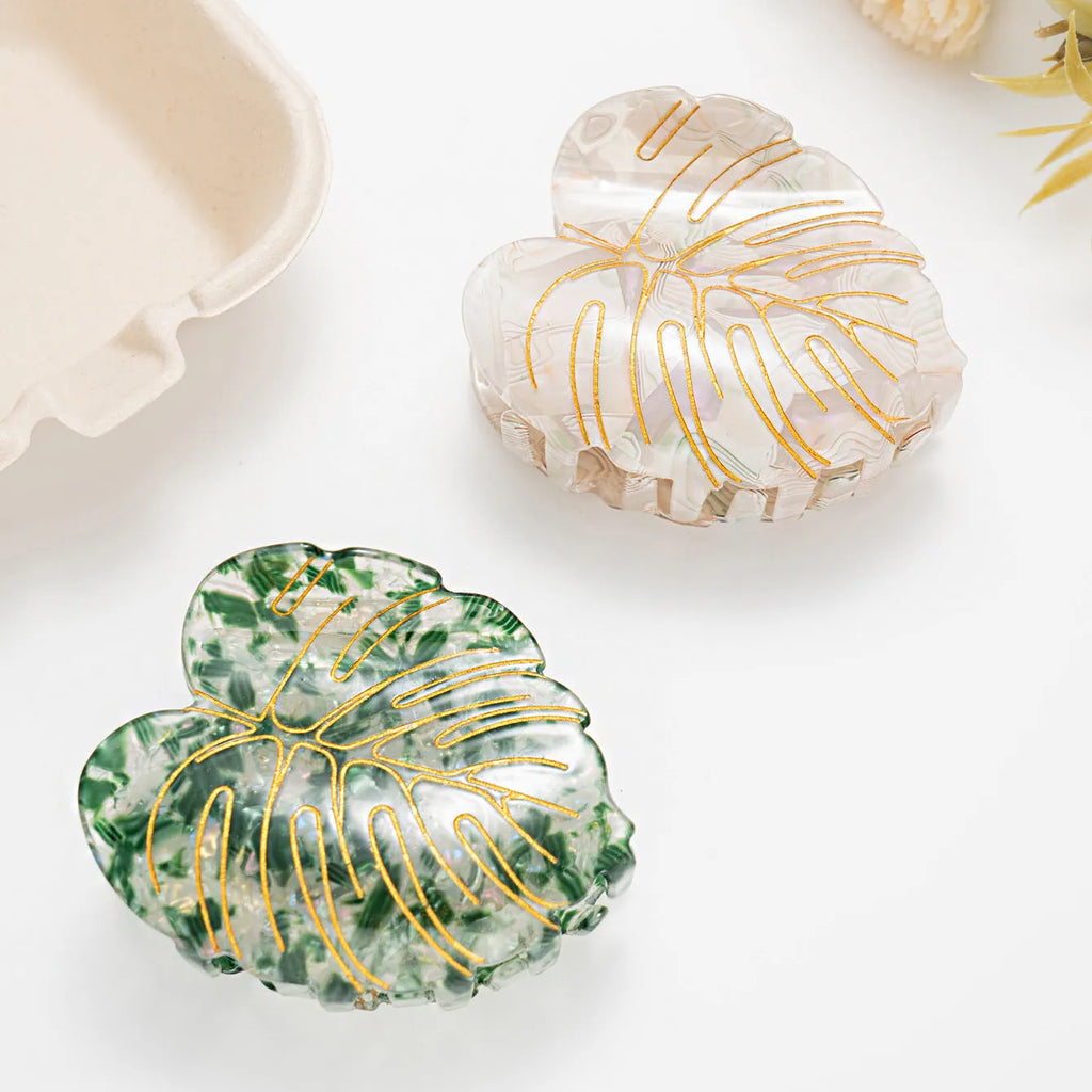 Mori style PVC hair clip with printed leaves pattern 8cm length green colour