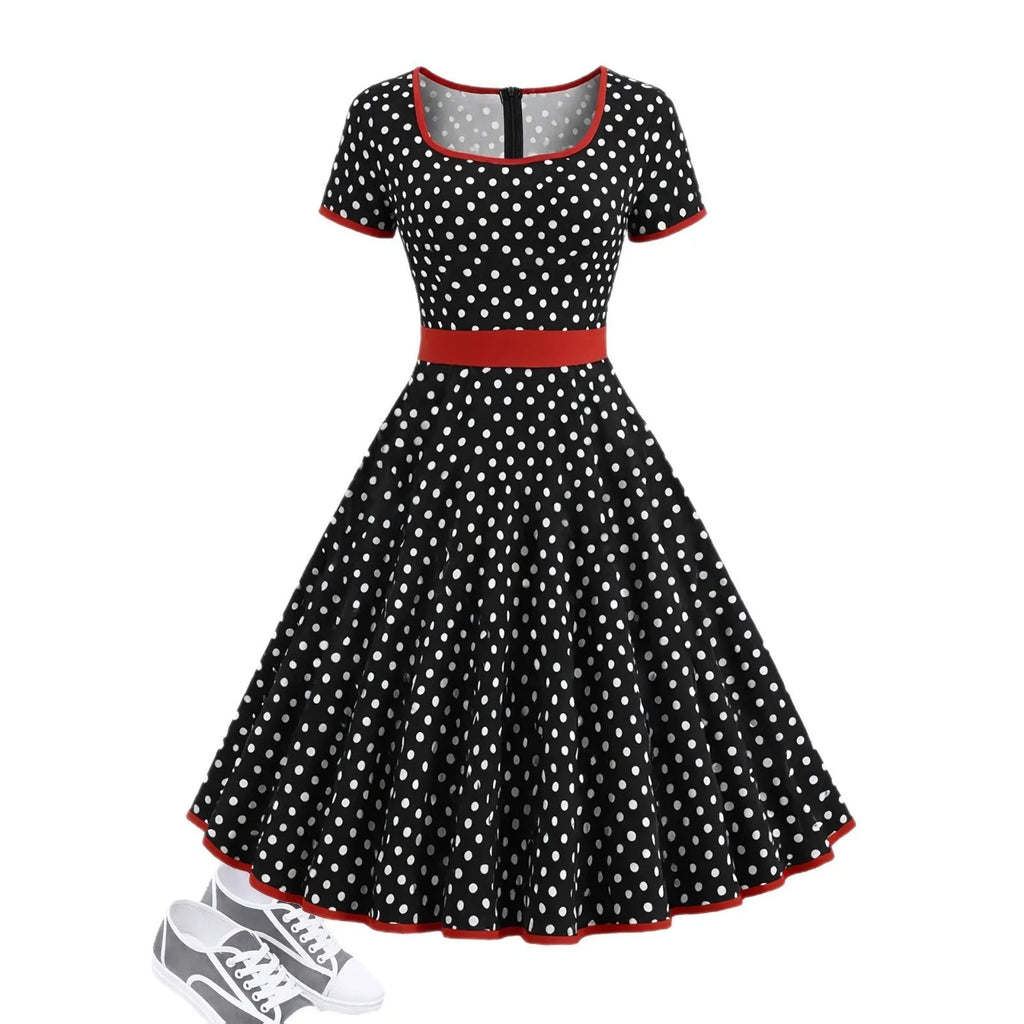 Women's polka dot pleated dress with square collar and front zipper in multicolour pattern