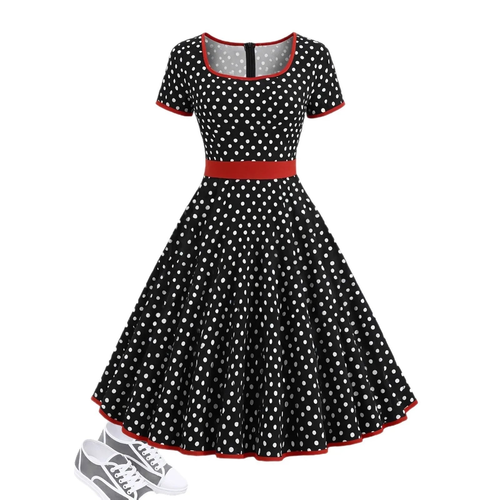 Women's polka dot pleated dress with square collar and front zipper in multicolour pattern