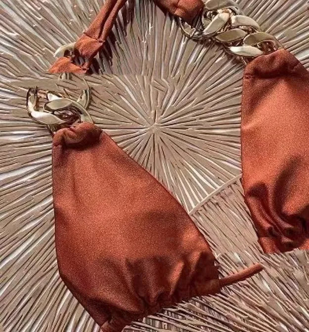 Brown tube-top push-up bikini swimsuit with ring tether detailing