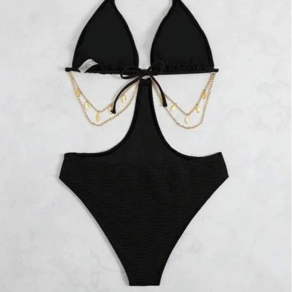 Women's black polyester bikini swimsuit with chain detail design
