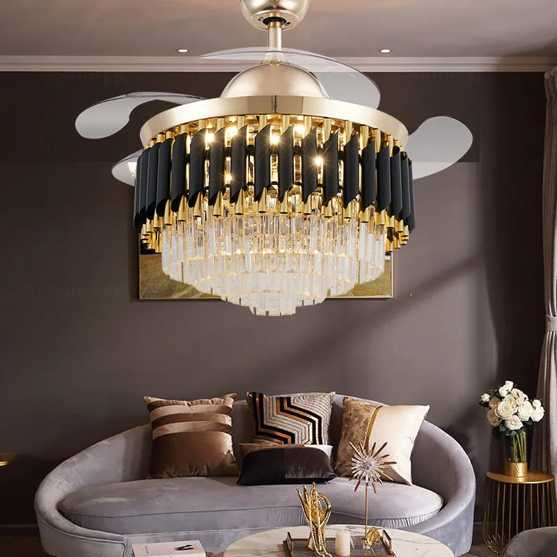 Crystal chandelier style ceiling fan light with remote control on a white ceiling.