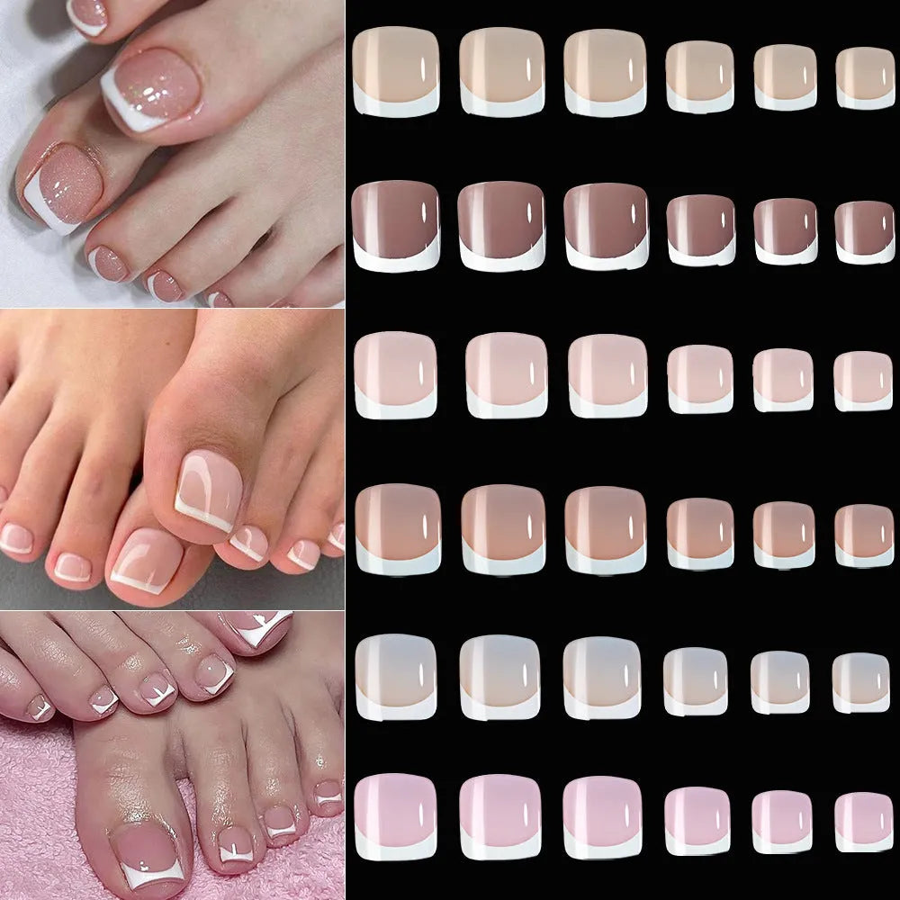 120-piece false toenail set with French white edge and nude base in full square short shape