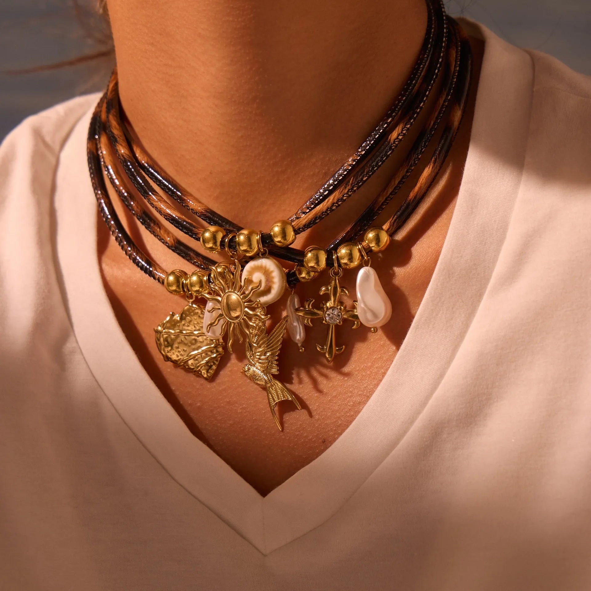 Women's stainless steel necklace with geometric leopard leather pendant on adjustable chain