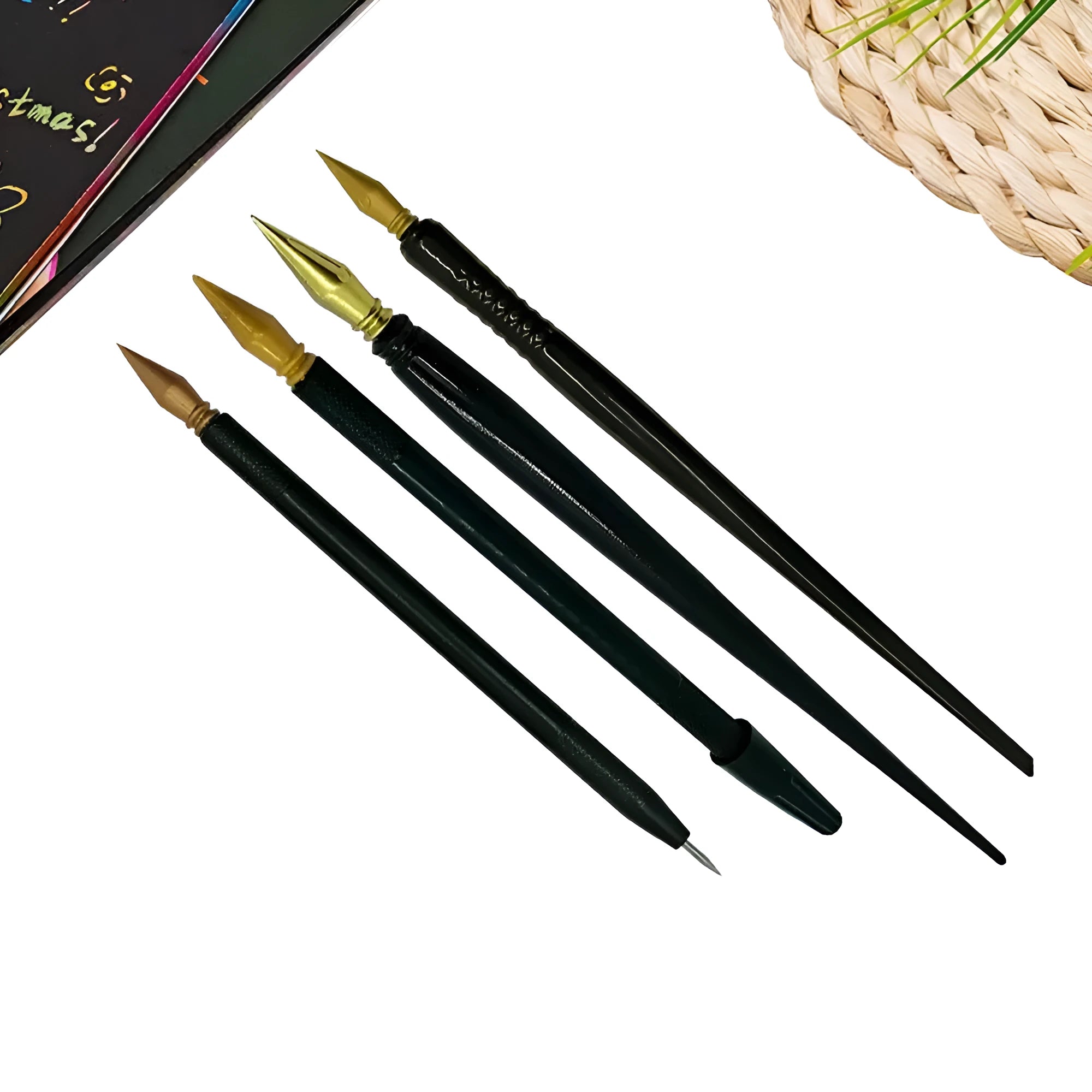A white scratch art pen with a black brush tip on a wooden surface.