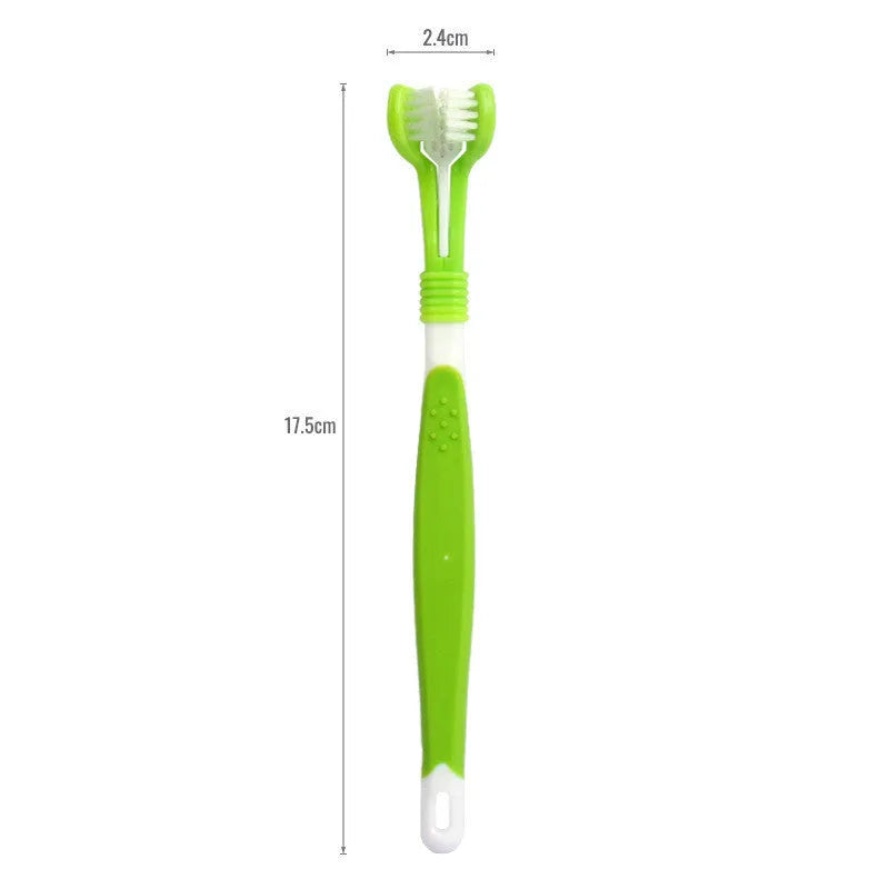 Three-head plastic pet toothbrush for dogs in grass green colour for oral cleaning