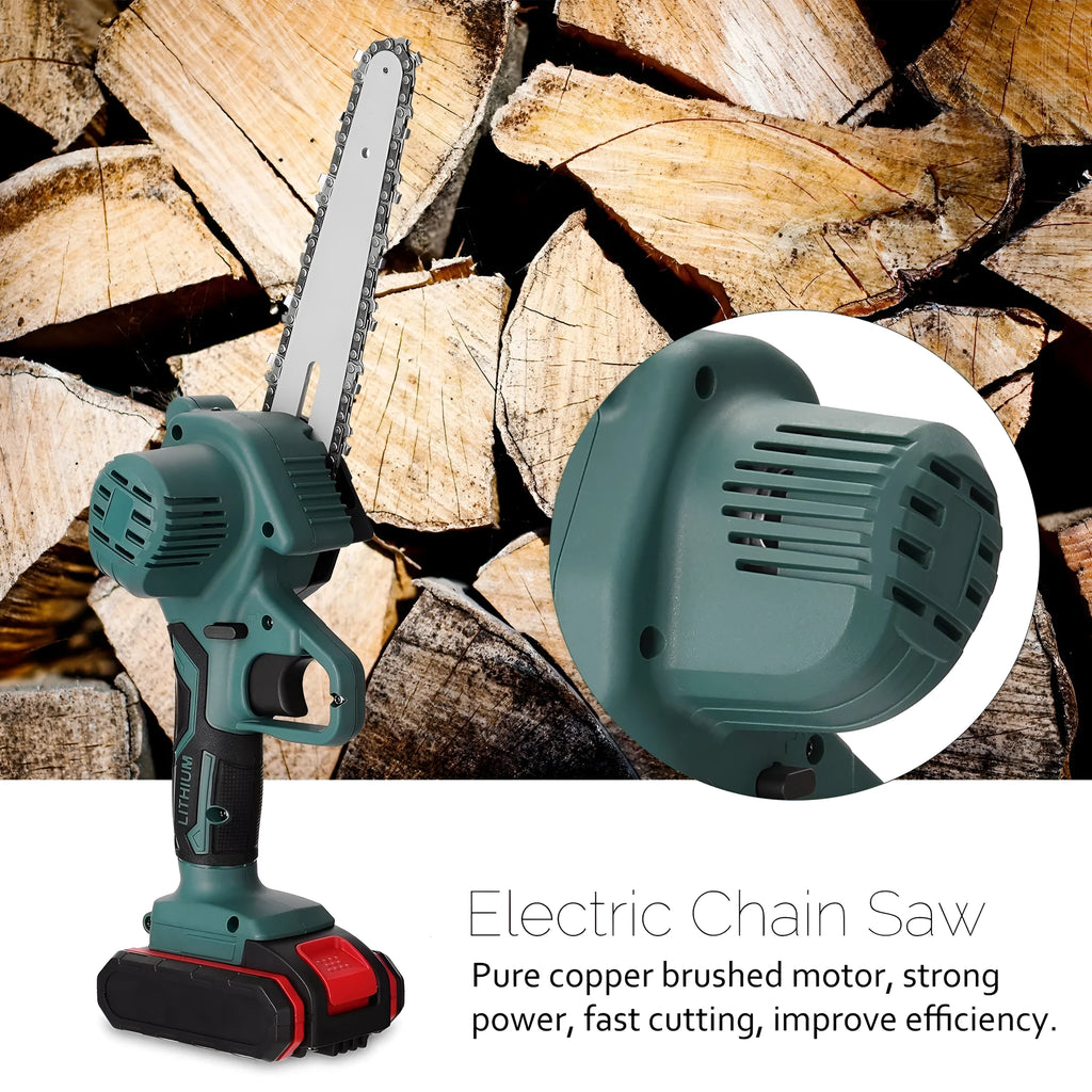 Small black electric chainsaw with 4 inch guide held in one hand for portable wood cutting
