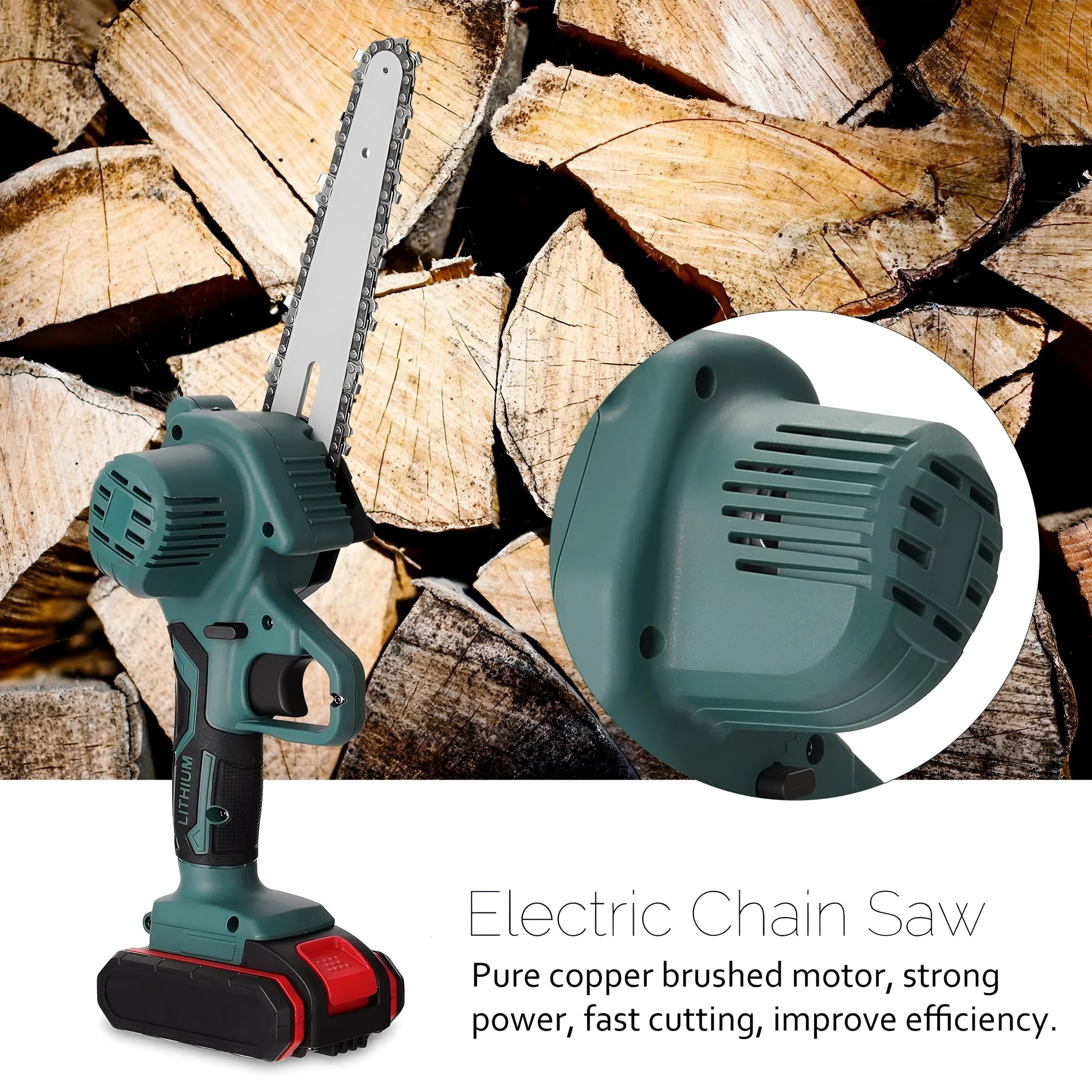 Small black electric chainsaw with 4 inch guide held in one hand for portable wood cutting