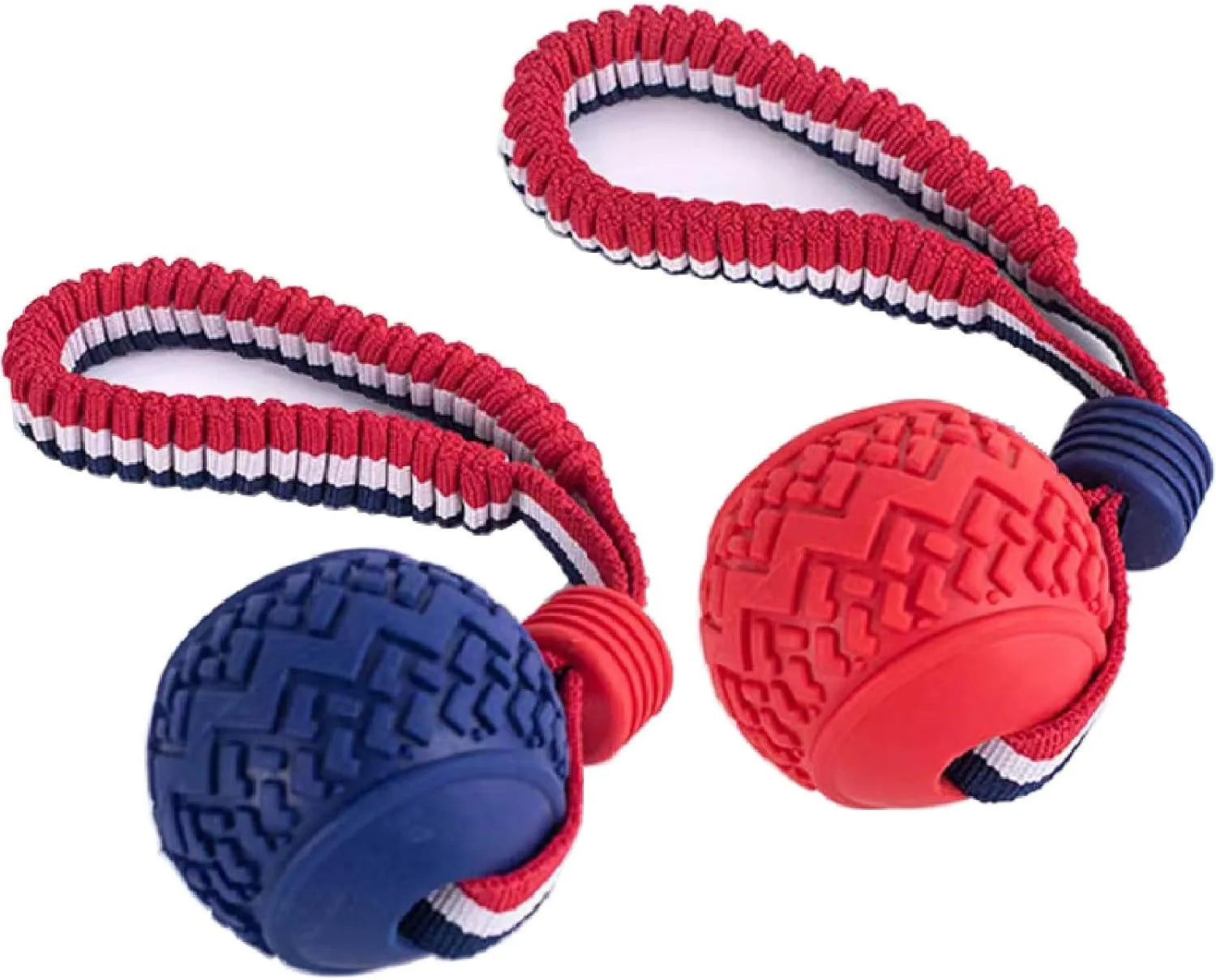 Blue and red natural rubber dog ball with attached rope toy for medium and small breeds.