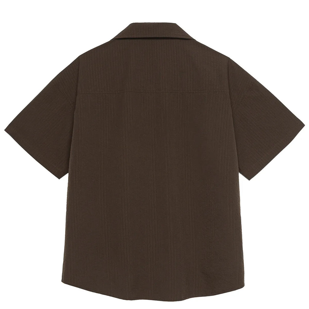Brown striped Cuban collar short sleeve shirt with waterproof quick-dry polyester fabric for outdoor camping