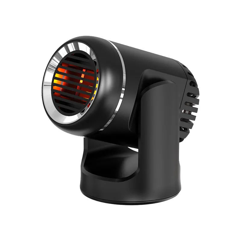 Black and white 12V compact car heater with power cord for defrosting and providing hot or cold air.