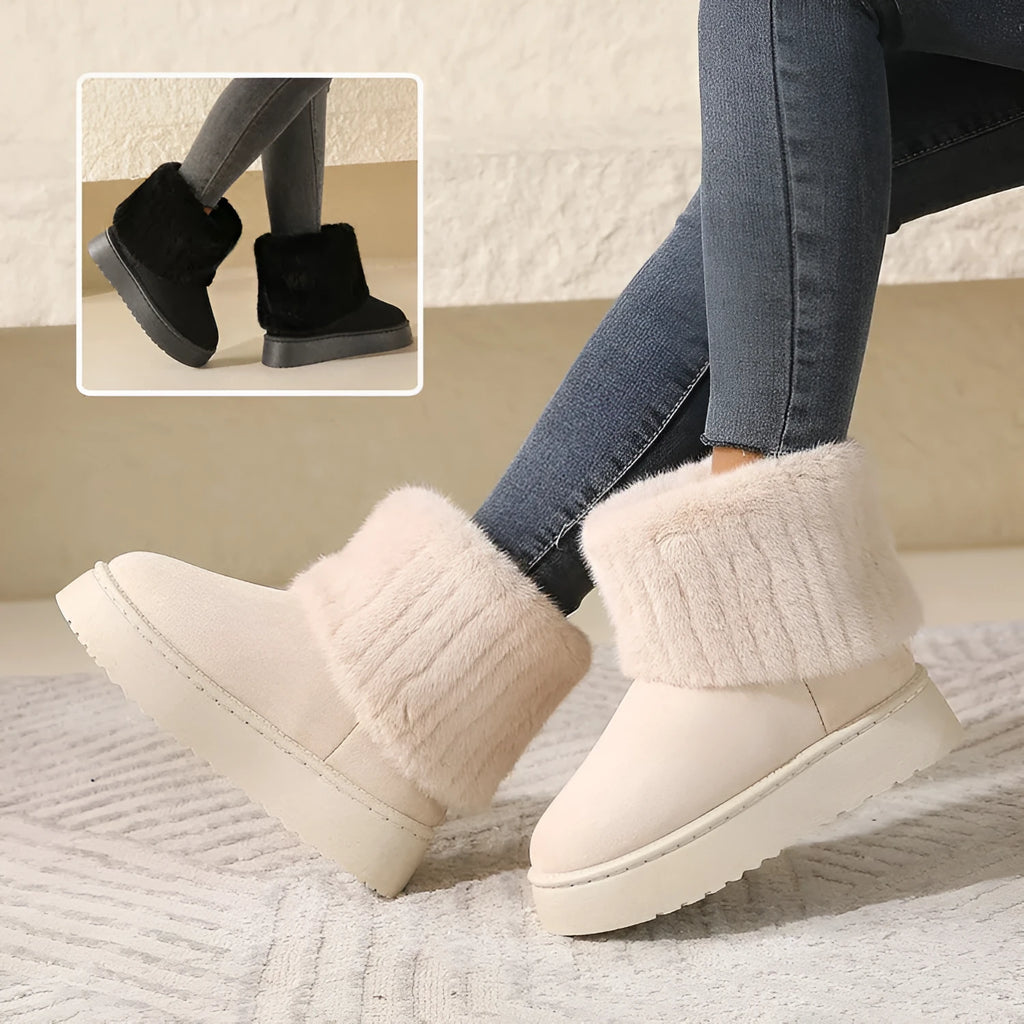 Thick-soled plush snow boots for women warm mid-tube furry cotton shoes available in black beige khaki