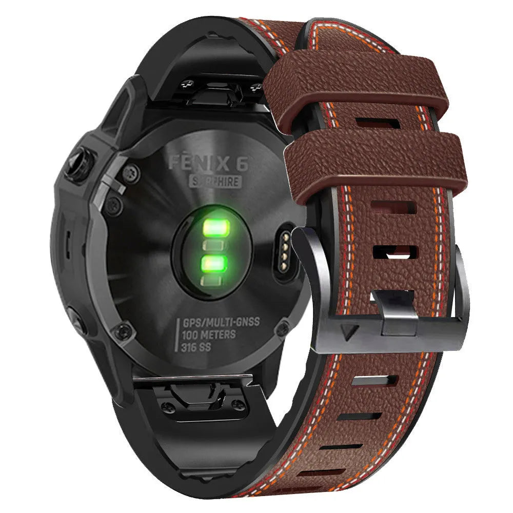Silicone leather quick release watchband for Garmin Fenix smartwatches in black, brown, light brown, and white colours