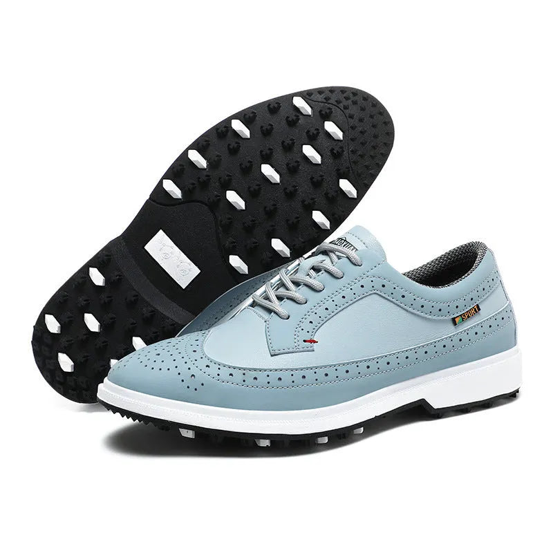 Men's lightweight golf shoe in Lake Blue or White with genuine leather upper and non-slip rubber outsole, sizes 39-47