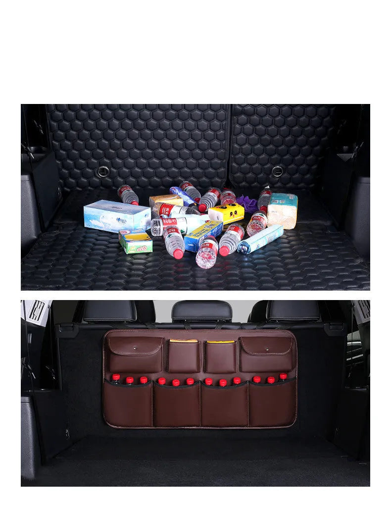Storage bag in simple, leather or net pocket version, shown in black, coffee, brown, beige and red colour options