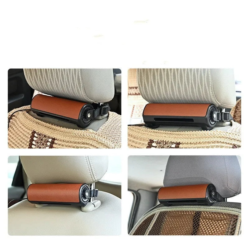 Compact black bladeless car ventilation fan with USB cable on a car dashboard.