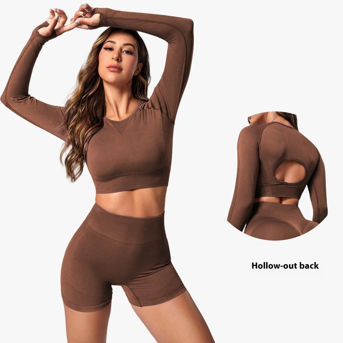 Women's black high-waisted yoga suit with long sleeves and matching trousers