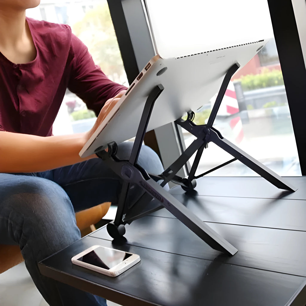 Sagacious black portable folding laptop stand with carrying case, shown folded to 40cm length.