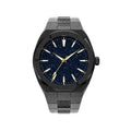 Men's stainless steel wristwatch with a metallic dial, shown on a wrist, featuring a butterfly clasp.
