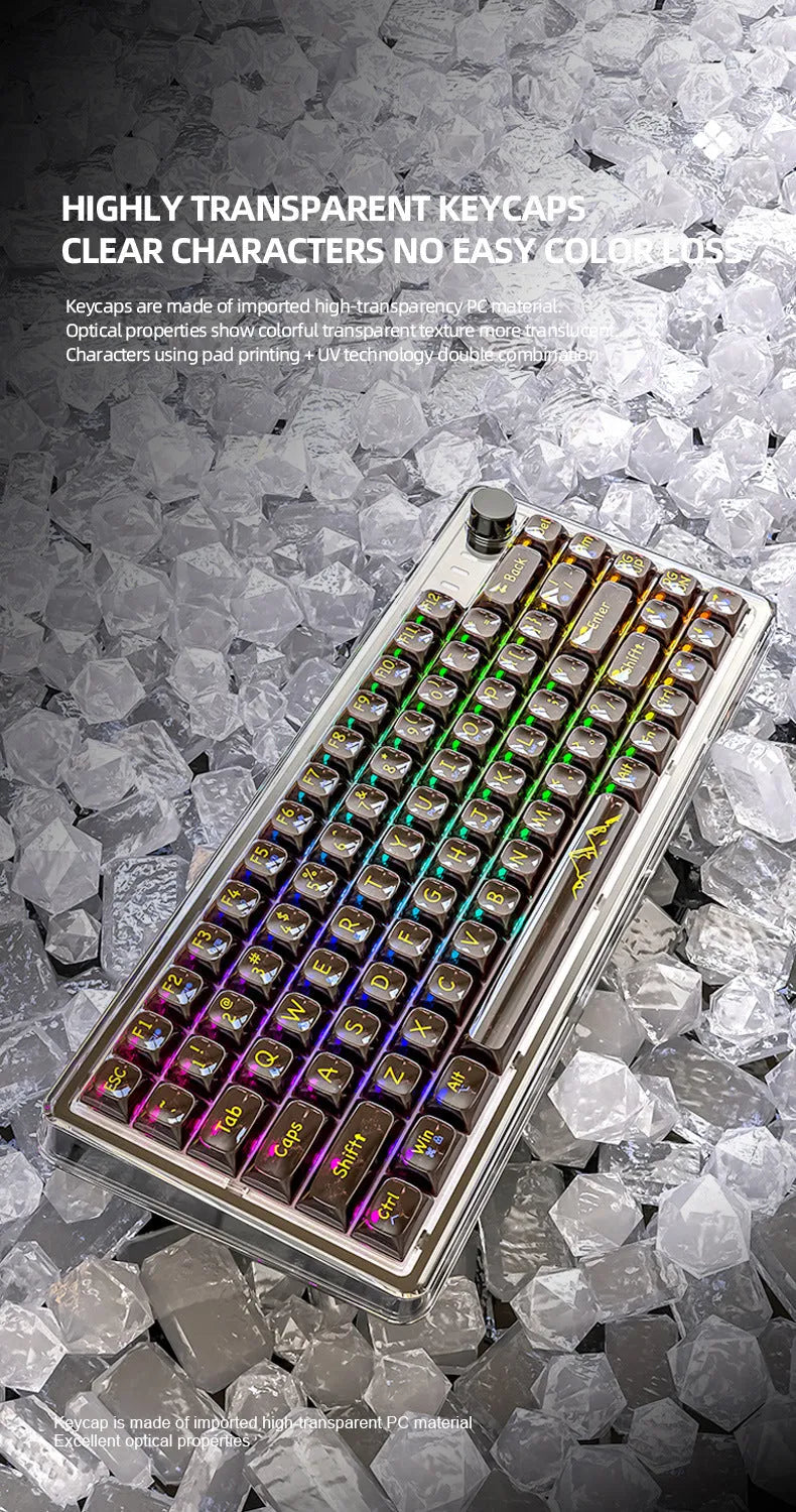 Attack Shark K75 transparent wireless mechanical keyboard with RGB lighting on black background