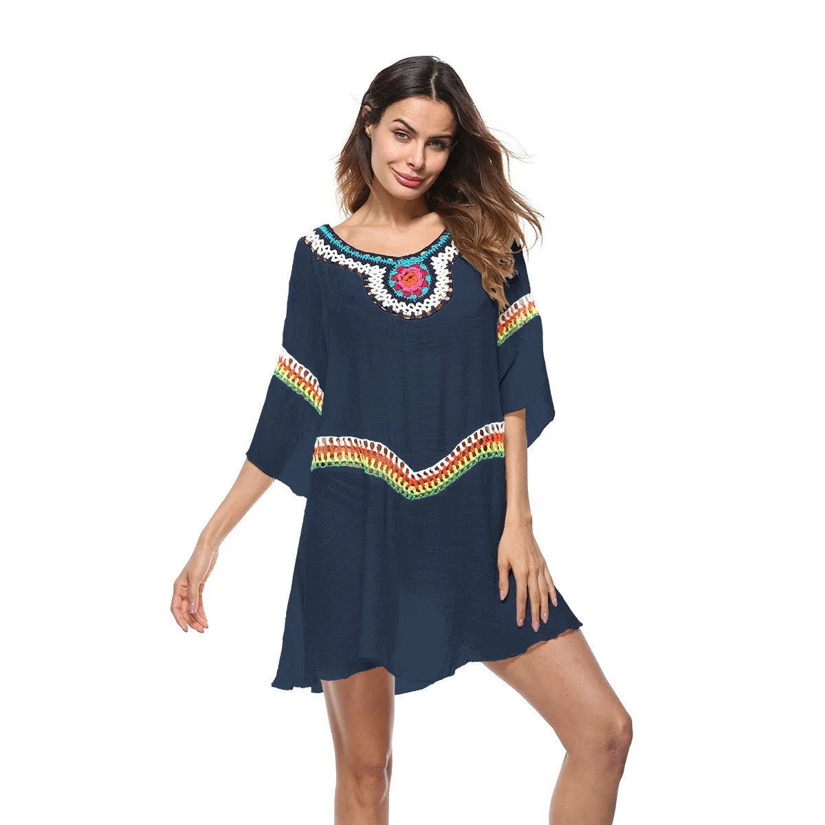 Crocheted ethnic style beach sun protection cover-up for women in acrylic fabric