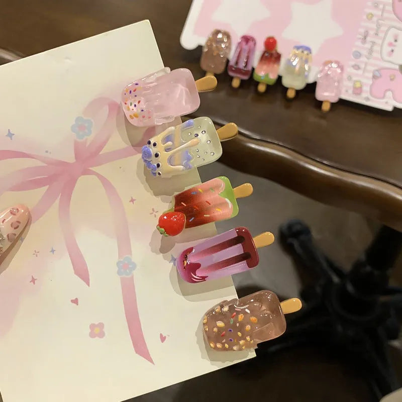 Cartoon ice cream design resin hair barrette side clip in beige, brown, pink, purple, or red.