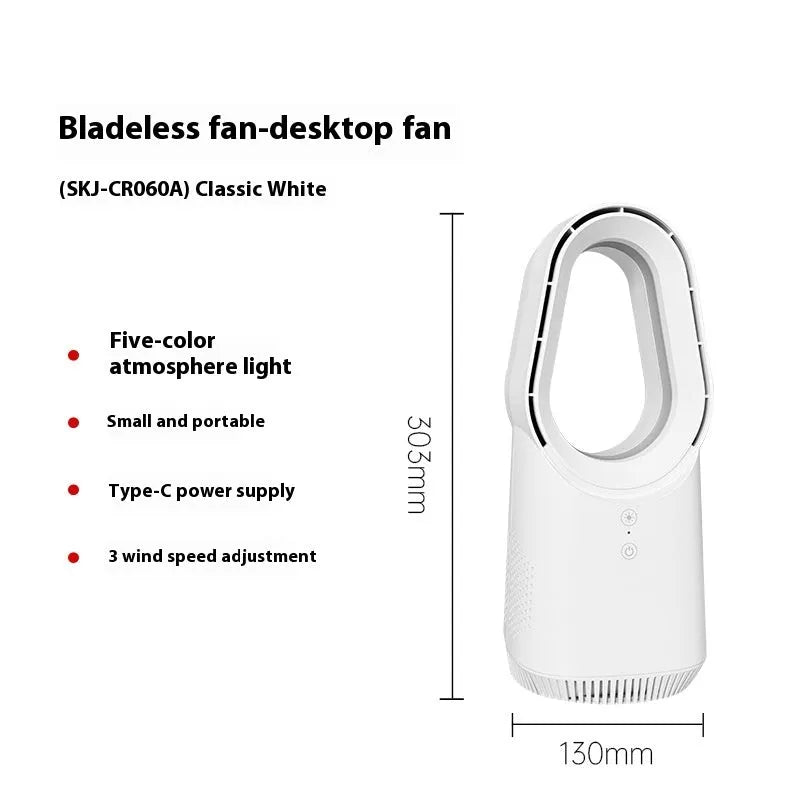 White SK bladeless tower floor fan with remote control on a wooden floor next to a desk.
