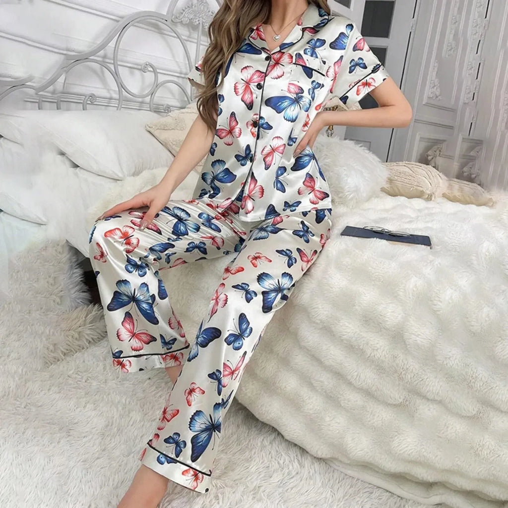 Women's printed short-sleeved pyjama set with trousers, 3D effect pattern, sizes XS to 5XL