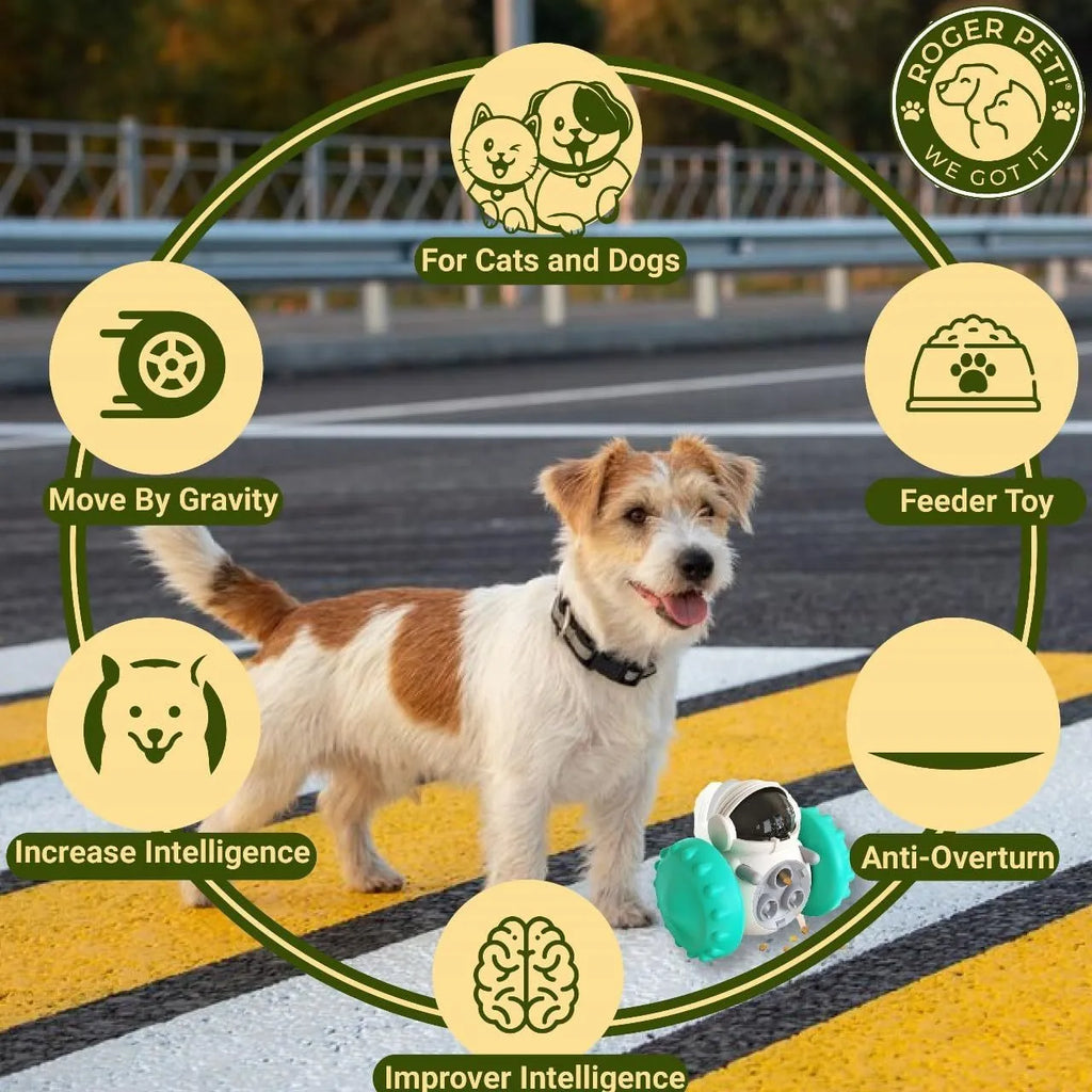 Robot-like self-balancing dog treat dispenser toy for small pets.