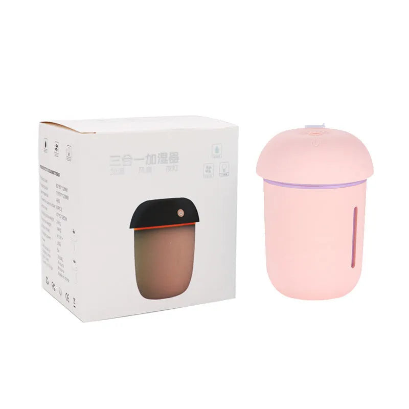 Mushroom-shaped USB charging air purifier humidifier with fan and night light in coffee colour on desk