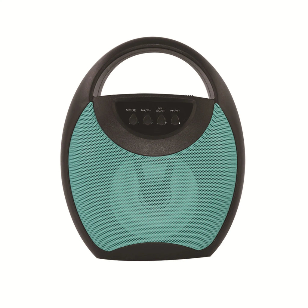 Portable Bluetooth speaker in black plastic casing with USB and SD card slots
